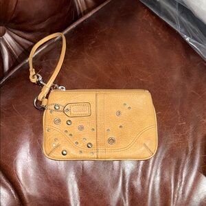 Coach Tan Leather Wristlet with Metal Accents
